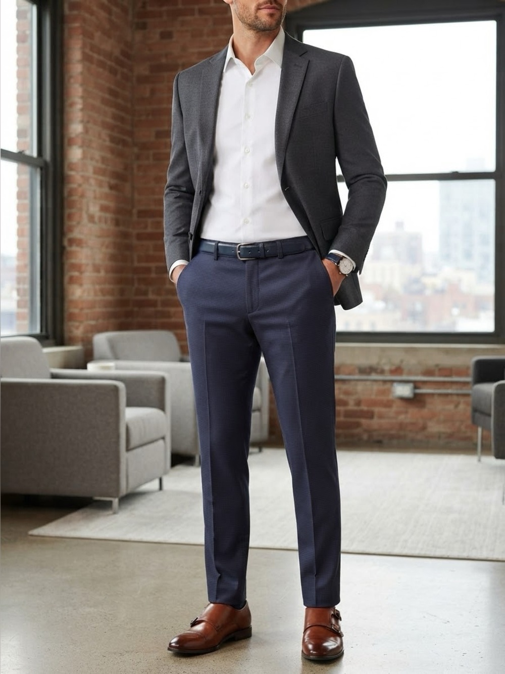 👔✨ Louis Raphael Tailored Slim Fit Navy Blue Micro-Pattern Dress Pants - Size 34